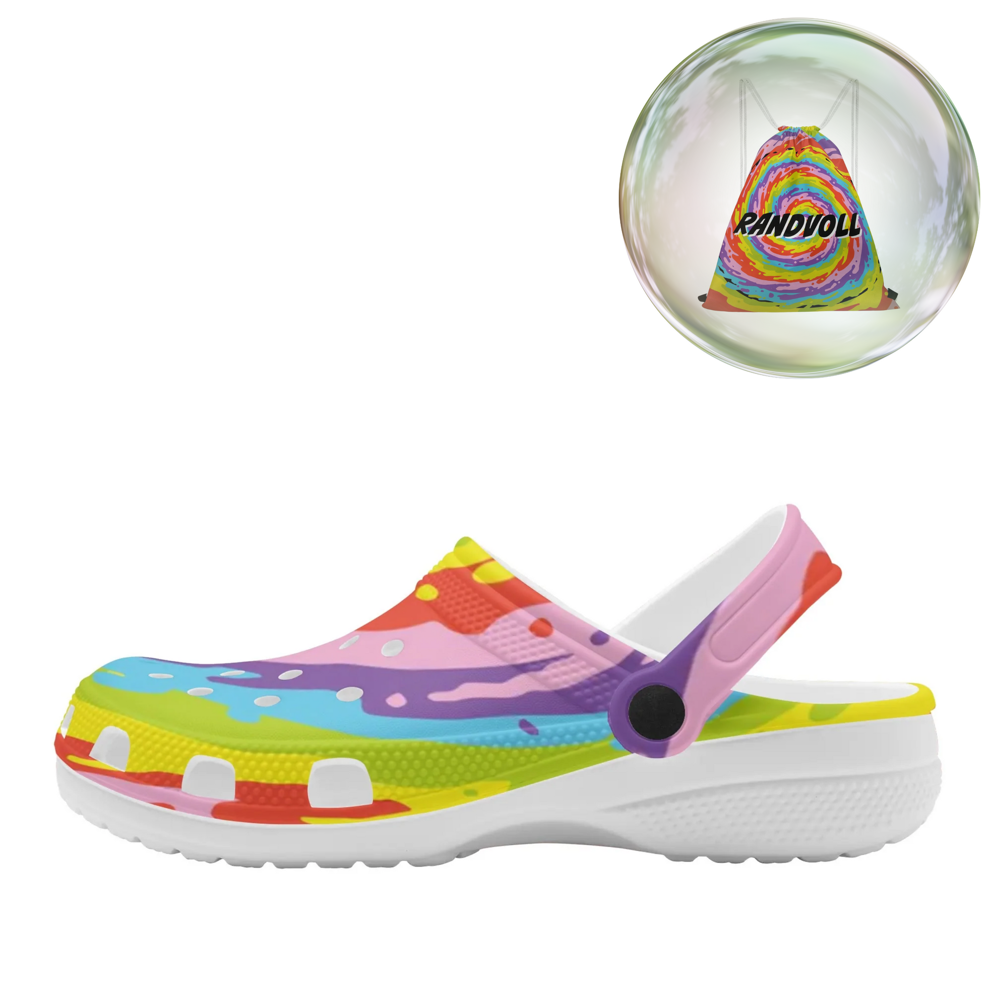 Die farbigen Randvoll-Crocs – stylische Festivalschuhe im Set mit passendem Festivalbeutel. Perfekt für den Malleurlaub, als Strandschuhe oder für den Urlaub allgemein.